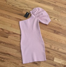 Fashion nova asymmetrical one Puff sleeve dress Knit Rose Pink Stretch Zip