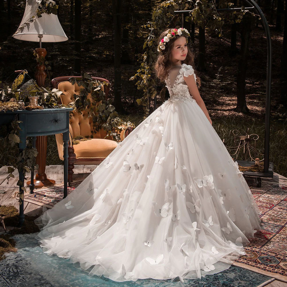 Elegant Fairy Wedding Tulle Flower Girl Dress Butterfly Flower Decor Kids  Outfit | eBay