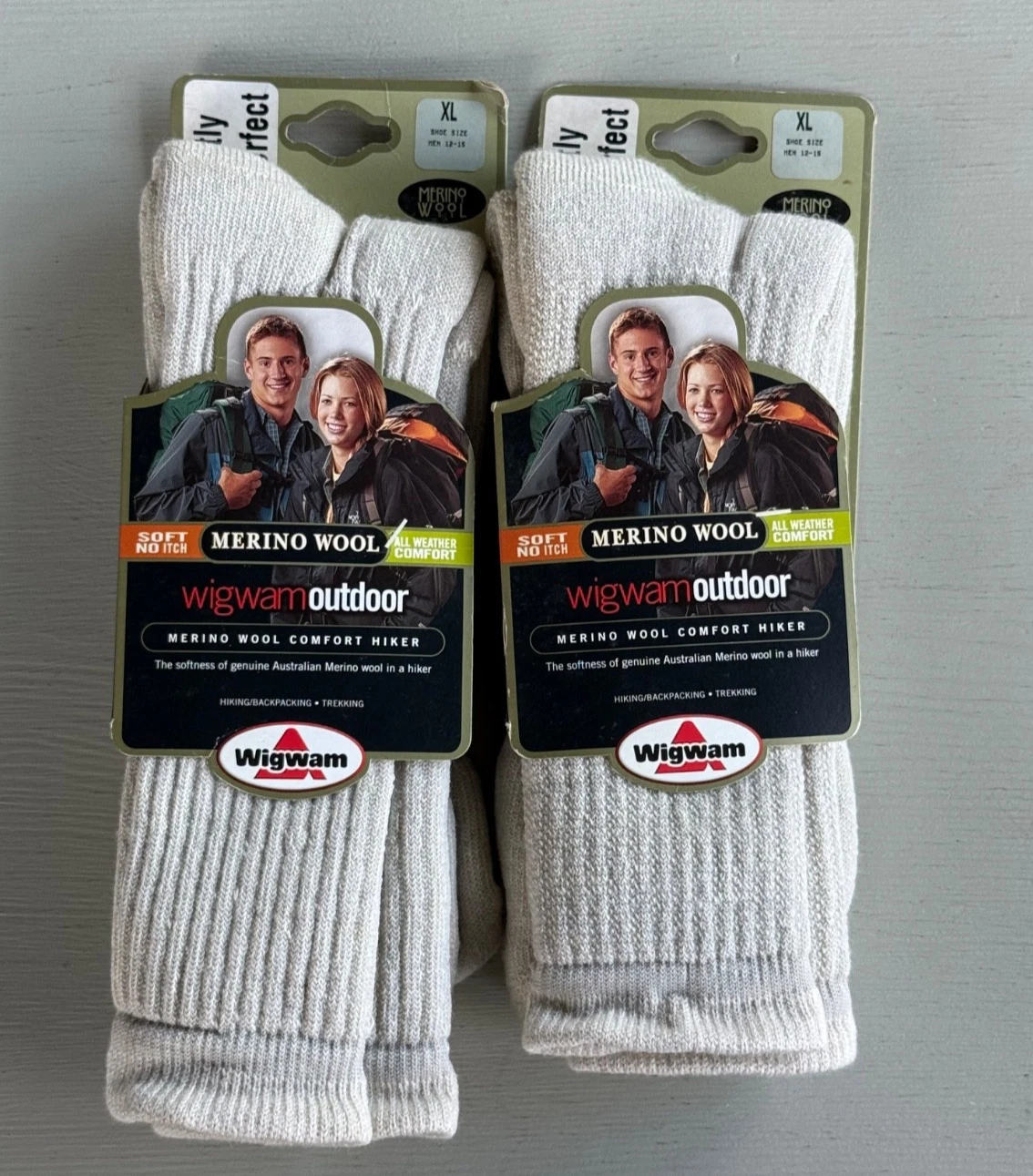 2 Pair Wigwam Outdoor Merino Wool Comfort Hiker Socks All Weather Beige XL New