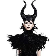 Feather Cape Shawl with Maleficent Horns Headband Set Halloween Black Hat Cos...