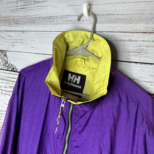 Vintage 90s Helly Hansen Nylon Colorblock Purple Yellow Windbreaker Jacket Large - Picture 7 of 8