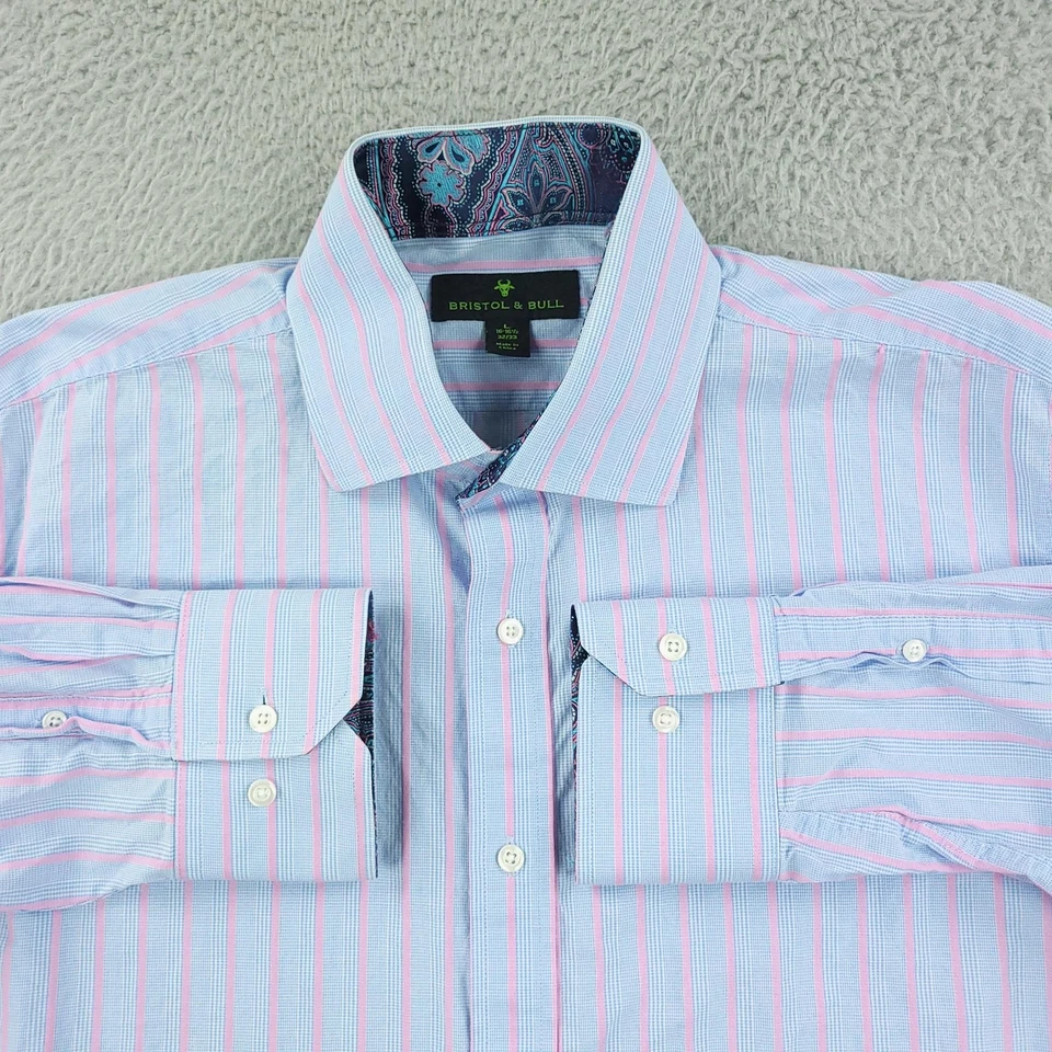 Camisa Bristol & Bull Para Hombres Grande Azul Rosa Rayas Botones Paisley Vestido Foto 2 de 4