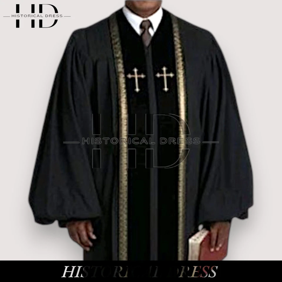 Men's Black Clergy Robe with Crosses - Pastor Preaching Gown Church Vestment - Image 2 of 4