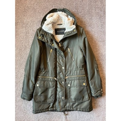 Guess Los Angeles Womens Olive Green Hooded Parka Jacket Faux Shearling Lining