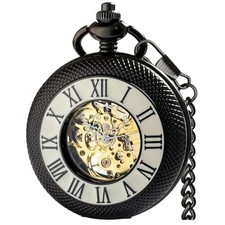 Mechanical Pocket Watch with Chain for Men Half-Hunter Case Hand Wind Up Black
