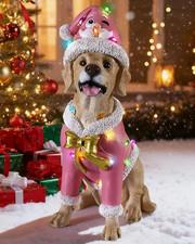 Christmas Dog Statue Holiday Decoration LED Lighted Xmas Resin Labrador Figurine