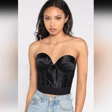 Wonderbra Black Satin Effect Cropped Top Strapless Corset Bustier
