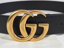 Authentic GUCCI Black Leather Belt Gold GG Sz 32/34 95cm Marmont