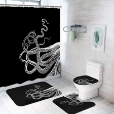 Cortina ducha set 4 pzs kraken marino negro con tapete alfombra y ganchos 183cm