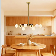 Modern Brass Gold Linear 8-Light Pendant, Frosted White Round Glass Globes
