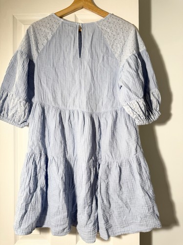 Zara Eyelet Gauze Dress Sz S Blue Tiered Puff Sleeve Patchwork Cottage Prairie - Picture 2 of 8