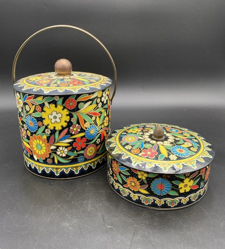 Set Of Matching Daher Bisquick Tins Handle Black Floral