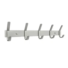 Brushed Nickel Wall Mounted Coat Rack 15 Inch Rail 5 Heavy Duty Hooks