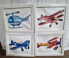Set of 4 Airplane  Helicopter Framed Nursery Wall Art Aviation Decor