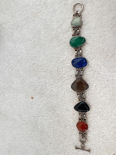 Vtg TAXCO MEXICO LAPIS jasper MALACHITE Sterling Silver BOLD! 2 CHAIN Bracelet - Picture 2 of 5