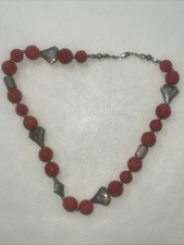Vintage Chinese-style Necklace W/ Hand-carved Red Cinnabar Beads Metal Accents