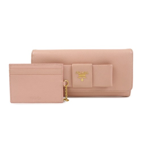 PRADA Logo Ribbon Saffiano Leather Long Wallet Pink 1M1132 Authentic Used F/S