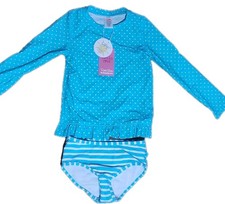 Rufflebutts Aqua Hearts  Stripes Rash Guard UPF 50 2 Pc Swim Suit Sz 6 PT9 