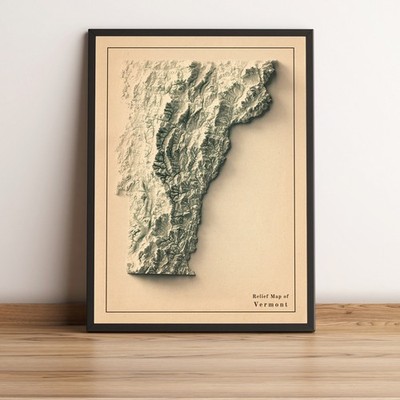 Vermont Map, Vermont 2D Relief Map, Vermont Vintage Map - 2D Flat Print