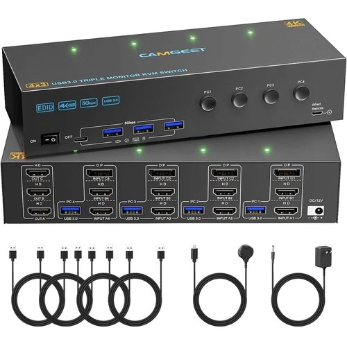 KVM Switch 3 Monitors 4 Computers 4K@60Hz,EDID Simulation, USB 3.0 HDMI Display