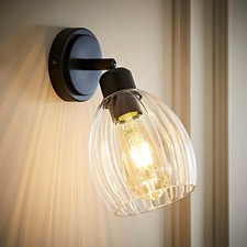 Image of Adjustable Wall Light Fititng Ribbed Glass Dome Lampshade Bedroom Bedside Lamp