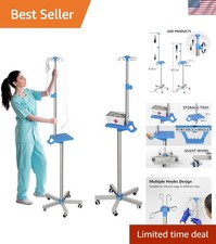 Stainless Steel Rolling IV Pole with Tray & 4 Hooks - Height Adjustable 52-71in