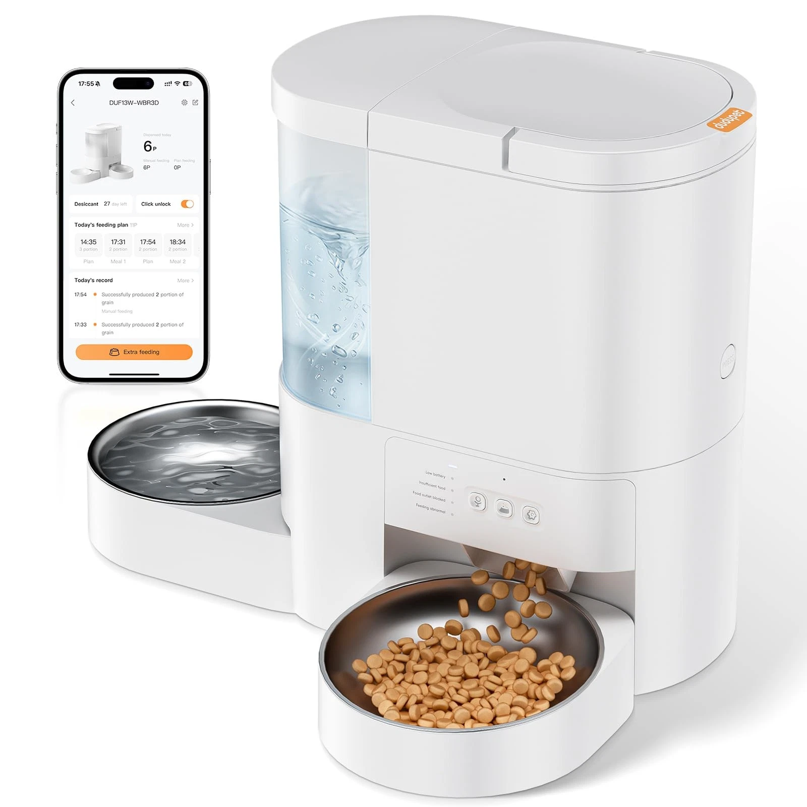Automatic Cat Feeder and Water, 5G WiFi App Controlled Dry Food White