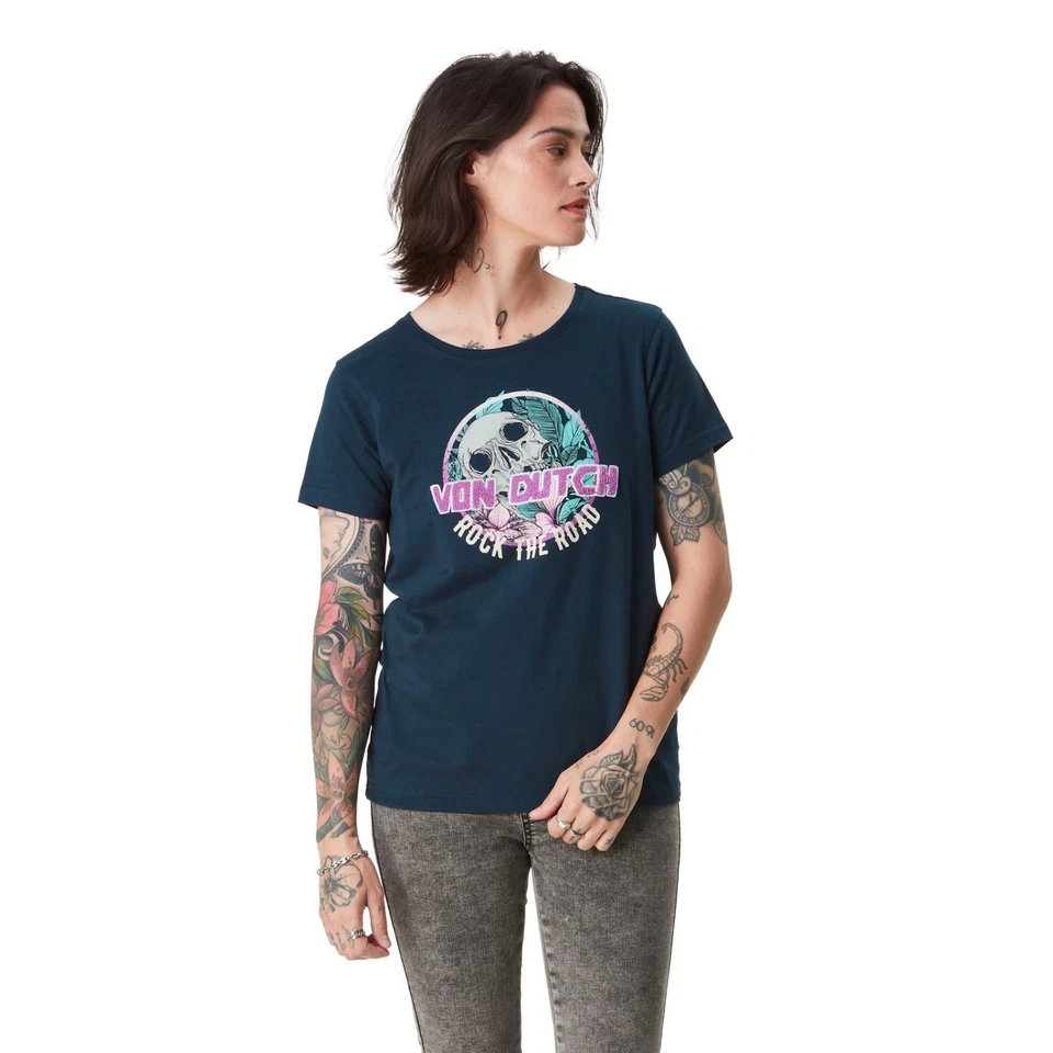 Tee Shirt Femme Von Dutch Skull fleur Kustom HD Women Vintage - Photo 2/3