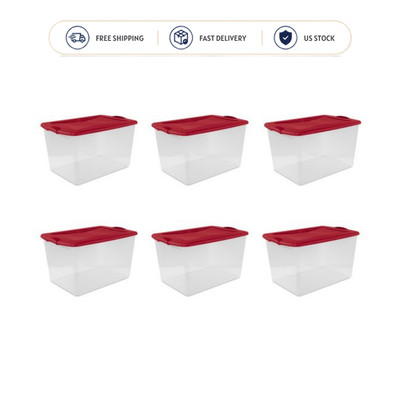 Sterilite 66 Qt Clear Latching Storage Bin with Lid Red 6 Pack