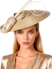 Vintage Fascinators Pillbox Hat for Women Straw Fedora Wide Medium Champagne