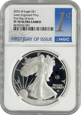 #ad 2025 W Proof $1 American Silver Eagle Laser Beam Privy NGC PF70UC FDOI Label $275.00