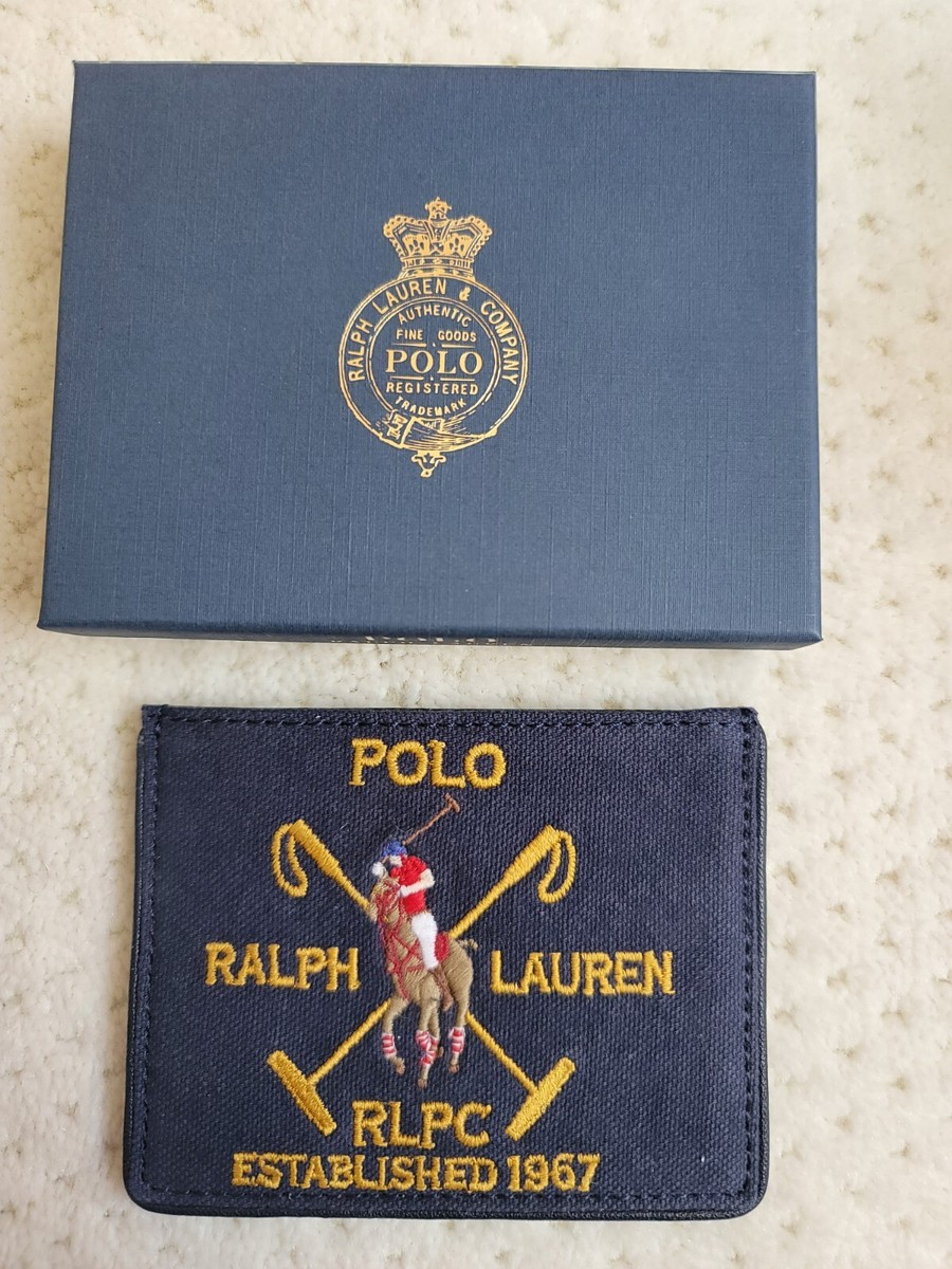 Polo Ralph Lauren ケース ネイビーオレンジP-CP624 NWT Polo Ralph Lauren Embroidered Crest Canvas Plaid Leather Card