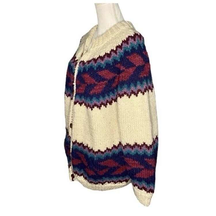 Vintage Chunky Handknit Wool Cardigan Sweater Ecuador Cream Blue Burgundy XL 90s - Image 3 of 4
