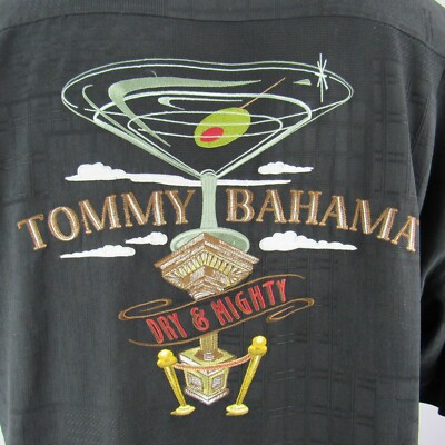Tommy Bahama Shirt Mens Large Black Silk Dry And Mighty Martini Embroidered-READ