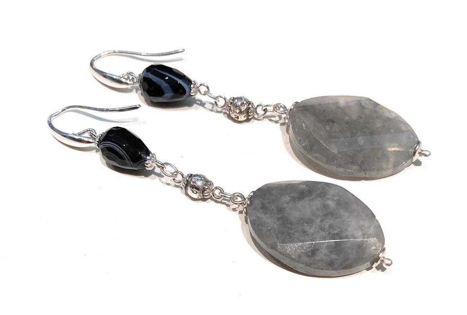 Orecchini quarzo grigio gocce onice pietra lavica argento sterling  - Immagine 2 di 4