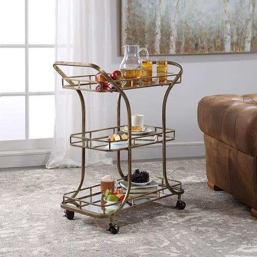 Retro Mid Century Tiered Gold Serving Bar Cart | Mirrored Shelves Rolling Wheels - Picture 5 of 7