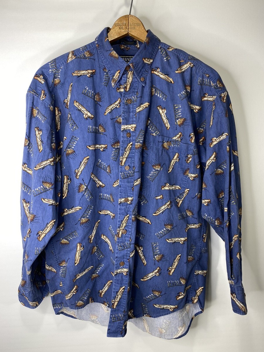 80s　CHAPS Ralph Lauren　総柄 ロングスリーブ シャツ Vintage Chaps Ralph Lauren Navy Colorful Fly Fishing Lures Mens