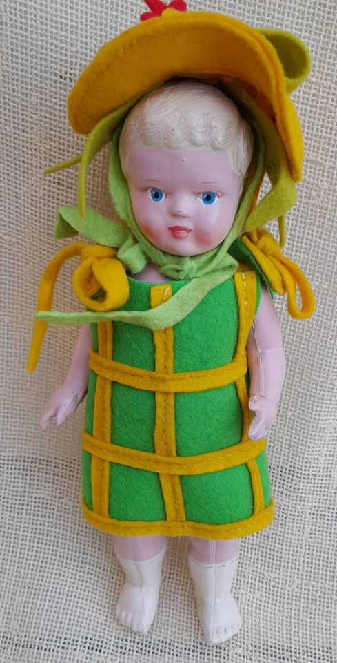 Mini bambola celluloide anni 40 vintage capelli sagomati 18 cm - Immagine 3 di 4