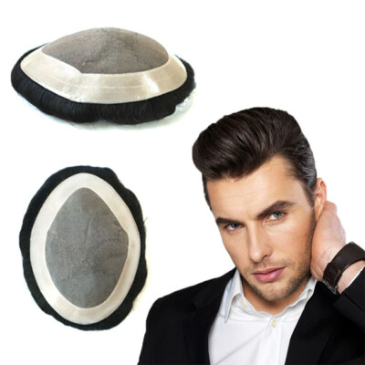 Human Hair Systems Remy Hair Hairpiece Fine Mono Poly Skin Toupee #1B US Sellers