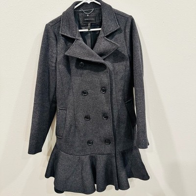 BCBGMAXAZRIA Women's Charcoal Grey Double Breasted Peplum Wool Blend Coat Size M