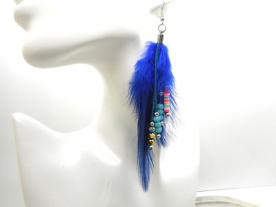 Bohemian Feather Earrings Vibrant Cobalt Blue Women Pair 3'' Silver Plated