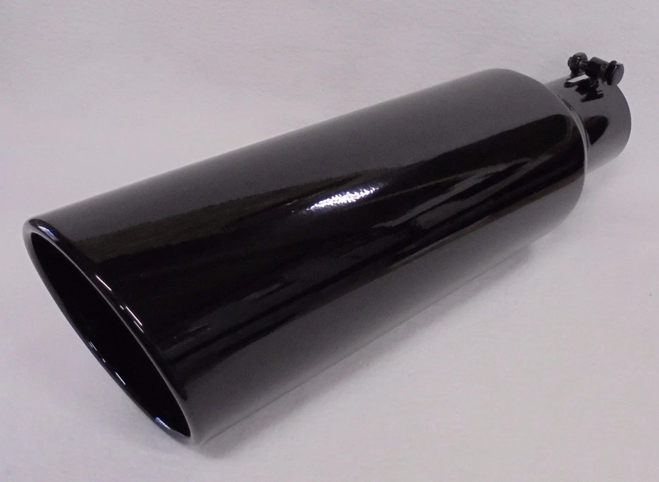 NEGRO BRILLANTE 2.5" ENTRADA 5" SALIDA 18" LARGO ÁNGULO LAMINADO DIÉSEL ESCAPE CAMIÓN PUNTA Foto 4 de 4