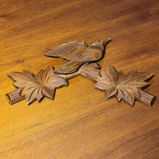 Vintage Black Forest Cuckoo Clock Wood Bird Topper Germany Red Eye Leaf 10"x5"