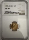 1986 G$5 1/10oz Gold American Eagle MS70 NGC