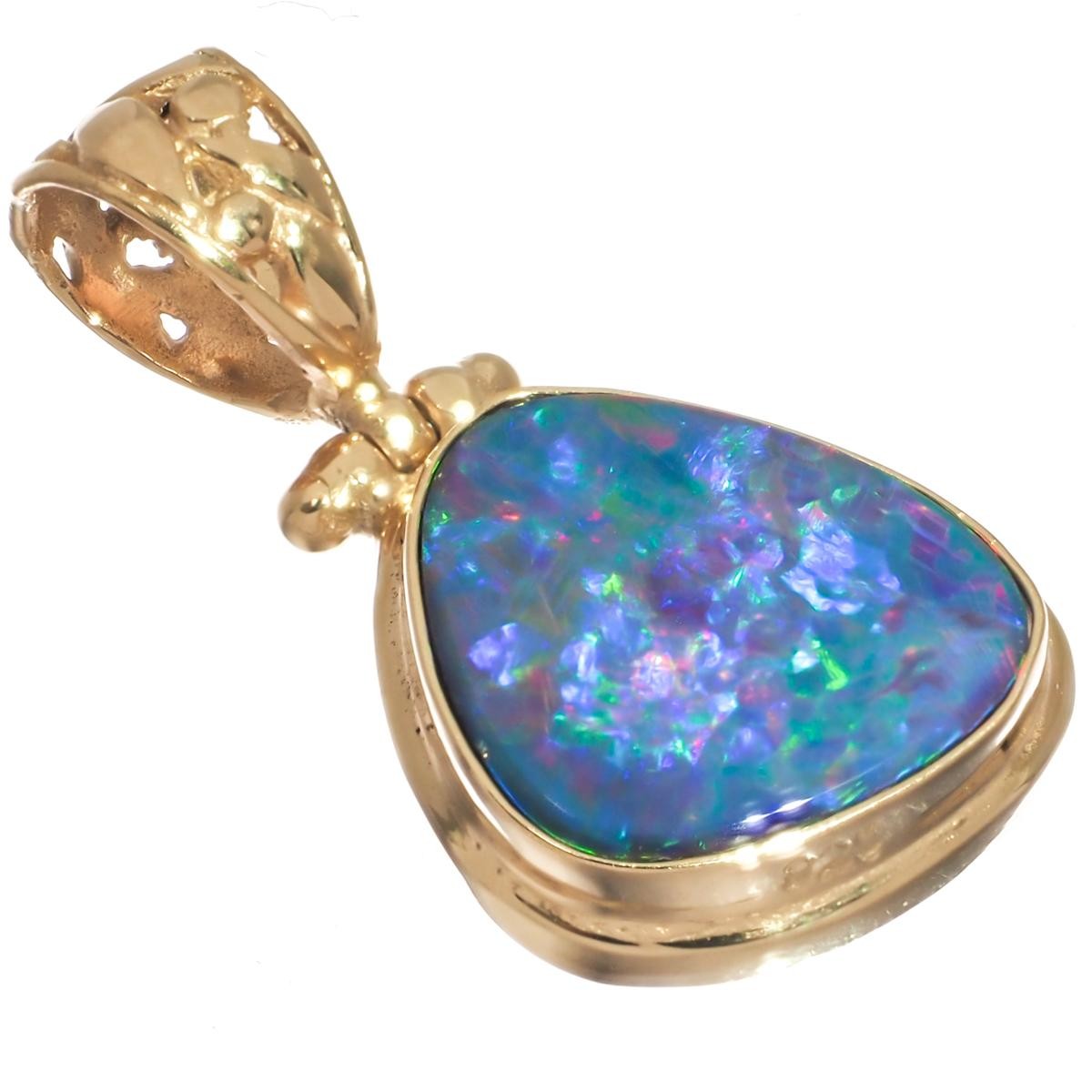 Vermeil Gold Blue Green Red Crystal Flash Aussie Opal 925 Silver Pendant, 1"