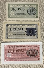 1940’s Germany Notes SET of 3: UNC 1 & 10 Reichsmark and CIR 5 Reichsmark