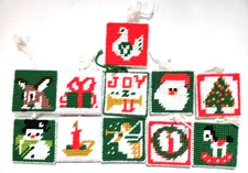 Lot of 11 Vtg Cross Stitch Christmas Ornaments  Homemade Double-sided Yarn 1980