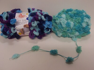 2 Skeins of Lion Brand Yarn Off the Hook Blues Pom Pom Yarn Greens LP3