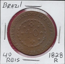 BRAZIL 40 REIS (2 VINTENS)1828-R EMPEROR PETER I LIBERATOR,BOUGHS FLANKING CROWN