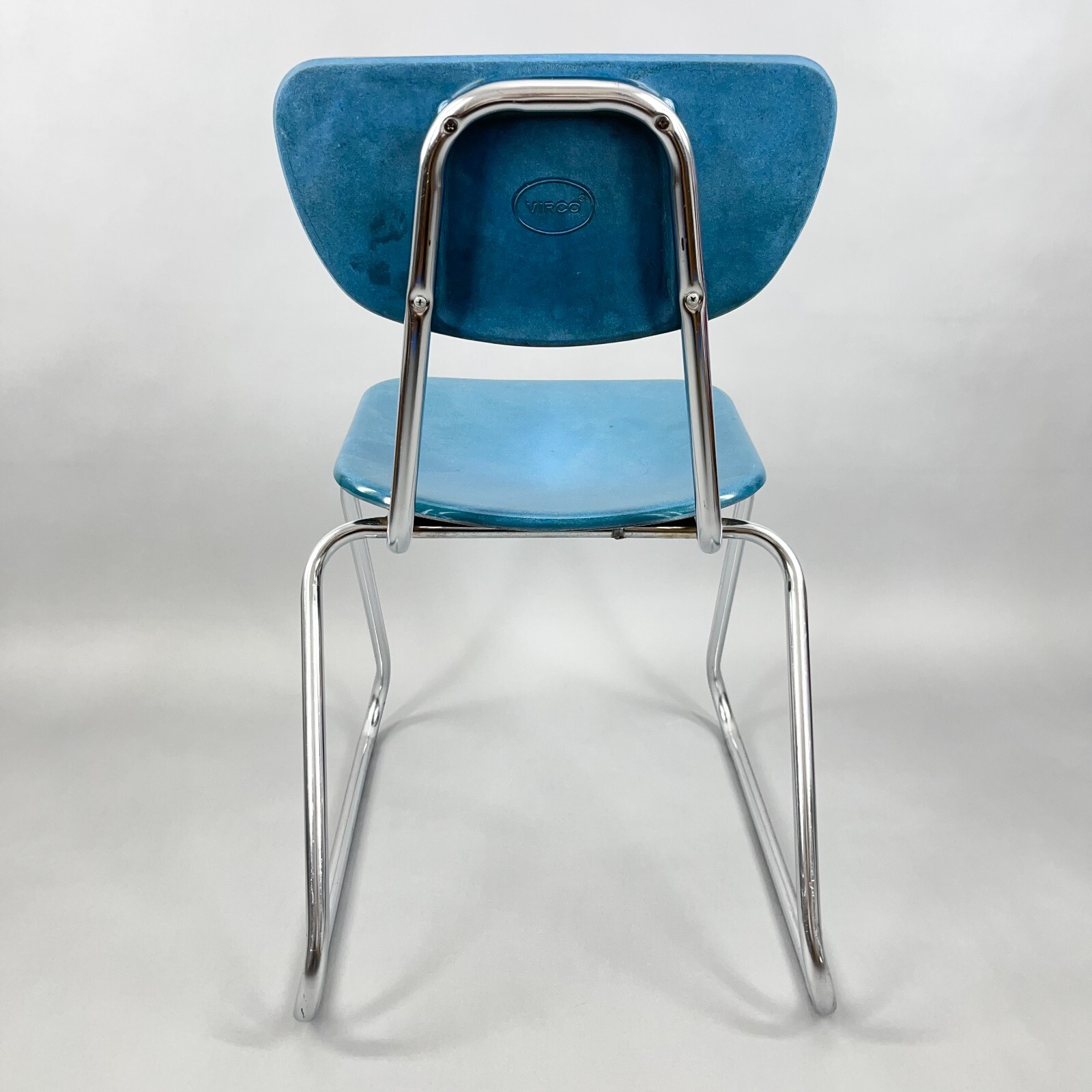 Vintage MCM Stacking Chair VIRCO Blue Teal & Chrome Sleigh Leg (4 Available)